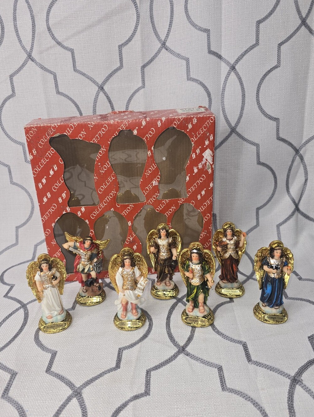 Set of 7 Archangels Resin Statue Figurines 4" H with Box MG Collection New Read